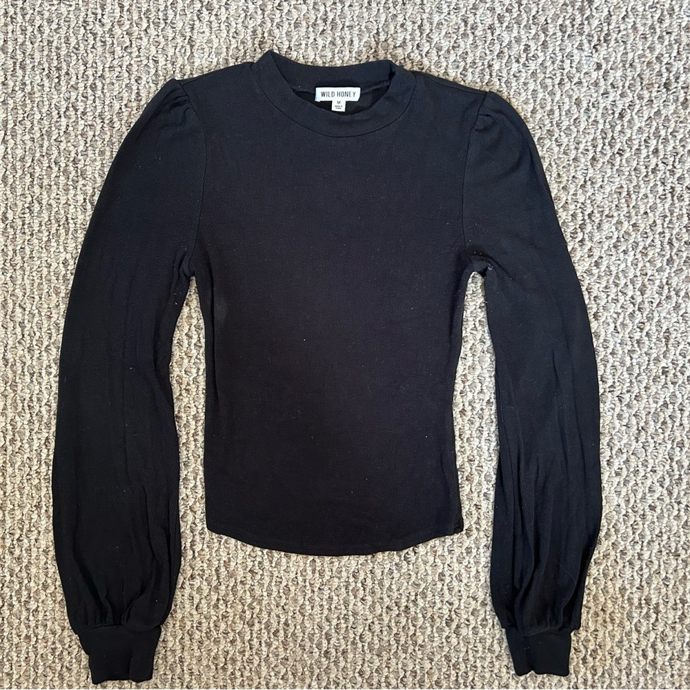 Wild Honey Black Puff Sleeve Ribbed Top